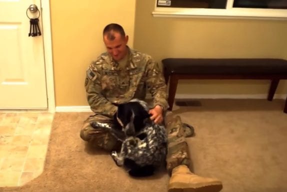 A person in camouflage sitting on the floor with a dog