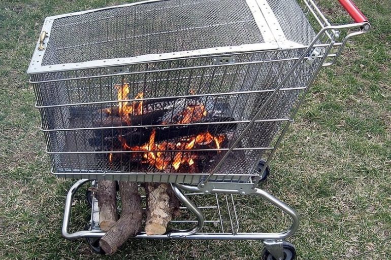 A fire pit with a fire