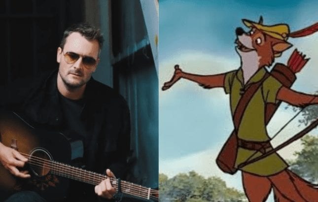 Eric Church playing a guitar next to a cartoon character