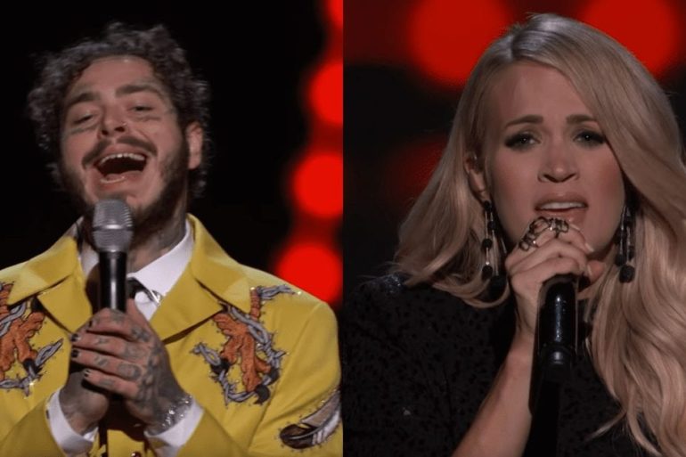 Carrie Underwood, Post Malone singing into microphones