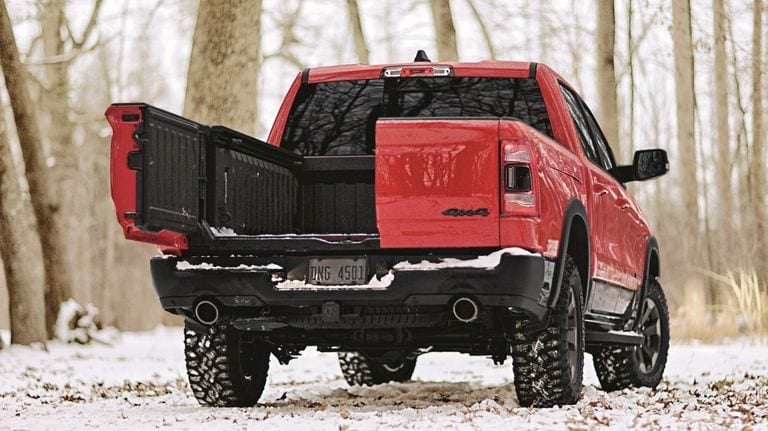 A red truck in the snow