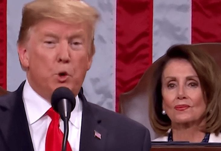 Donald Trump, Nancy Pelosi in front of a microphone