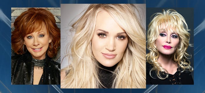 Carrie Underwood, Reba McEntire, Dolly Parton are posing for a picture