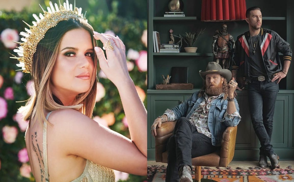 Maren Morris with her hand on her head and a man in the background