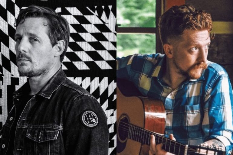 Sturgill Simpson holding a guitar next to another man with a black and white checkered background