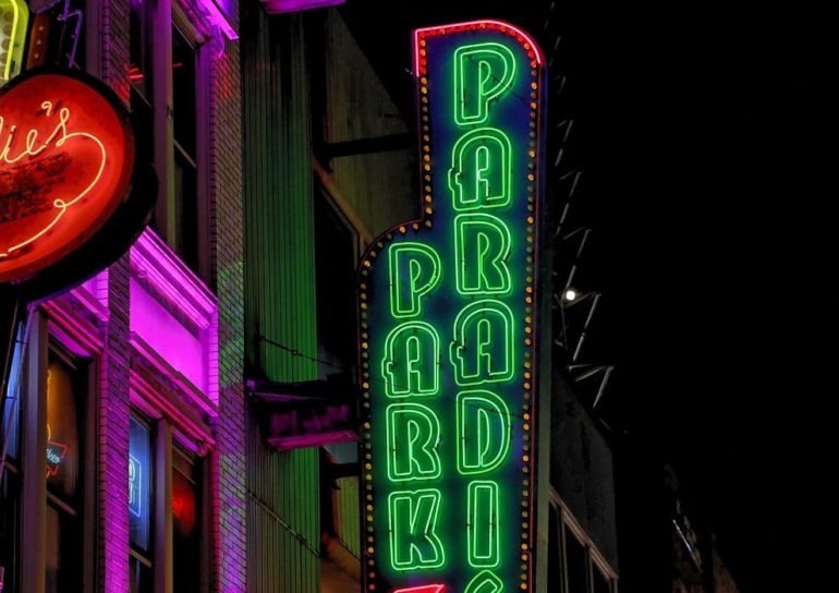 A neon sign at night