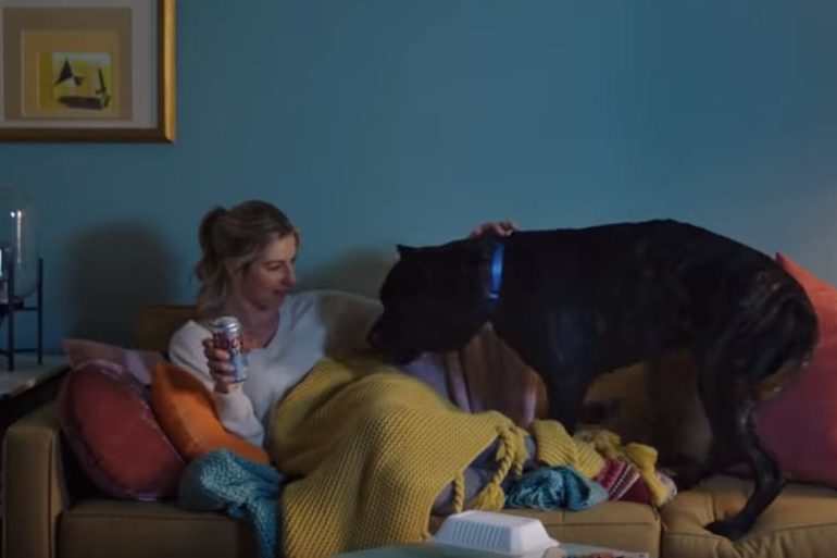 A person sitting on a couch with a dog on the lap
