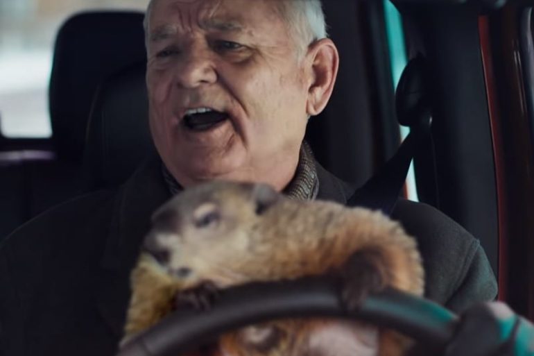 Bill Murray with a dog in a car