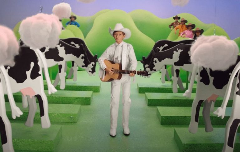 A person playing a guitar in front of a group of cows