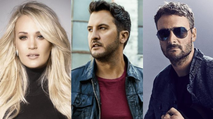 Carrie Underwood, Eric Church, Luke Bryan are posing for a picture
