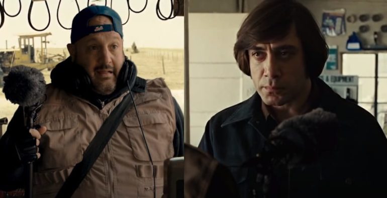 Anton Chigurh with a beard and a man in a black jacket