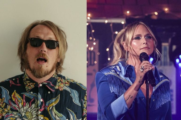 Miranda Lambert with long hair and sunglasses singing into a microphone