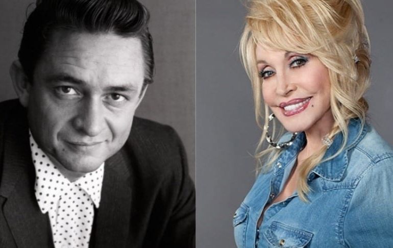 Johnny Cash, Dolly Parton are posing for a picture