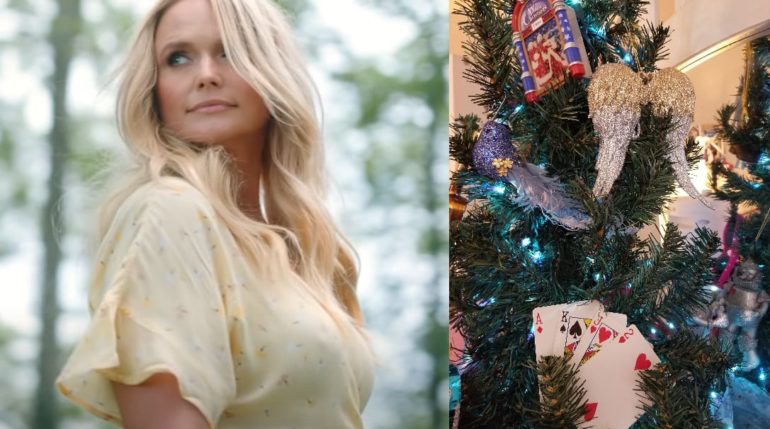 Miranda Lambert next to a christmas tree
