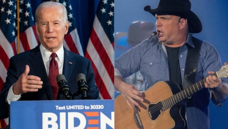 Joe Biden holding a microphone and a man holding a guitar