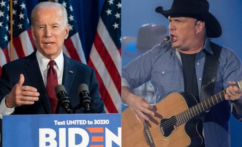 Joe Biden holding a microphone and a man holding a guitar