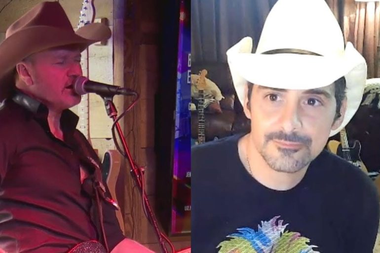 Brad Paisley wearing a hat and a red shirt and a man in a red shirt with a microphone