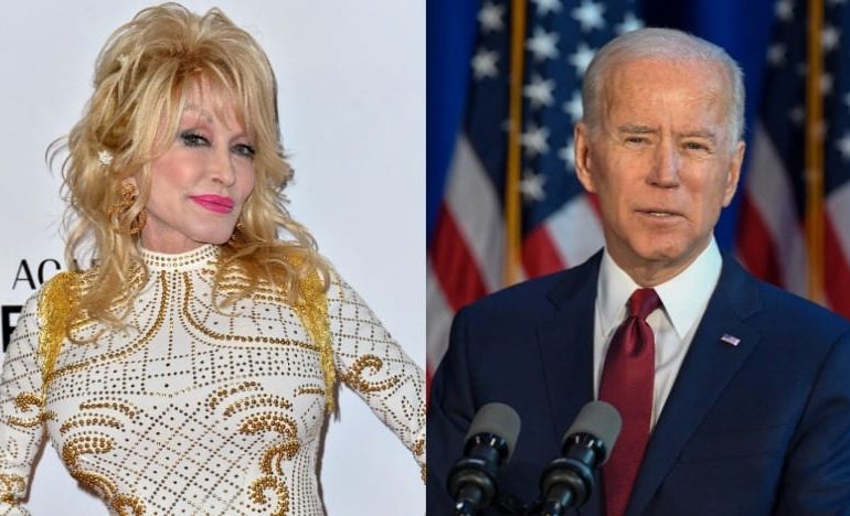 Joe Biden, Dolly Parton standing in front of microphones