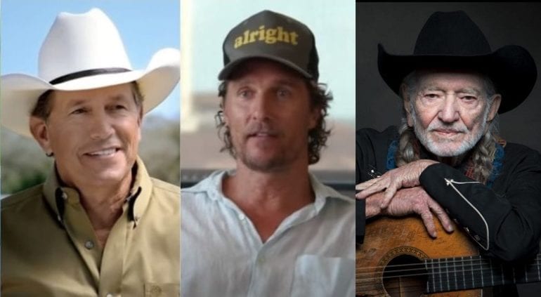 George Strait, Matthew McConaughey, Willie Nelson are posing for a picture