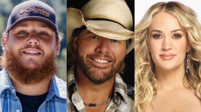 Toby Keith, Luke Combs, Carrie Underwood are posing for a picture