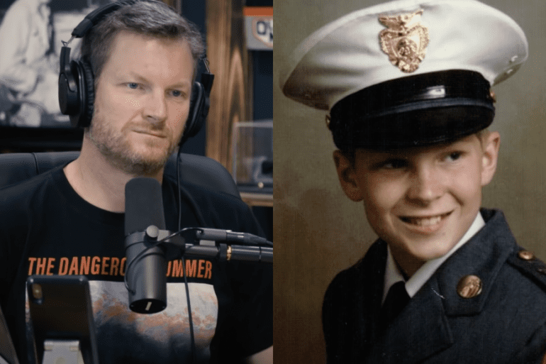 Dale Earnhardt Jr. in a uniform next to a man in a military uniform