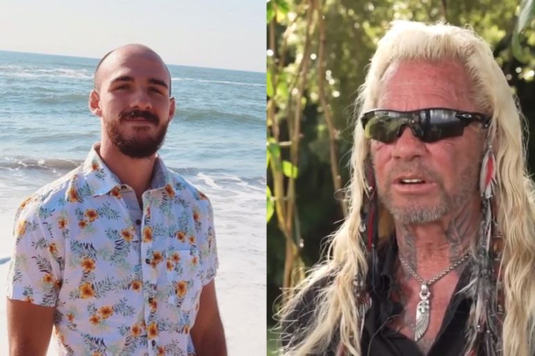 Duane 'Dog' Chapman and woman posing for a picture on a beach