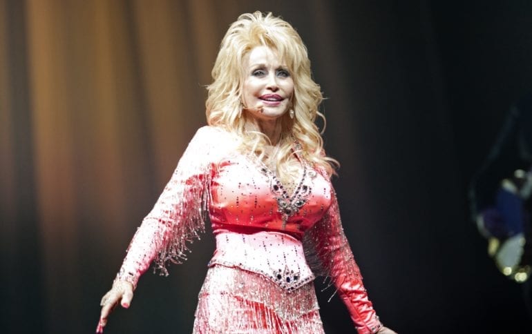 Dolly Parton in a red dress