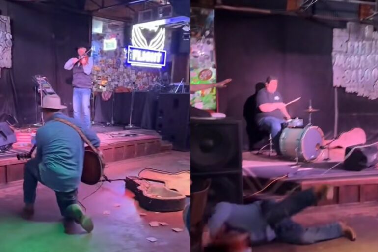 Singer falls off stage