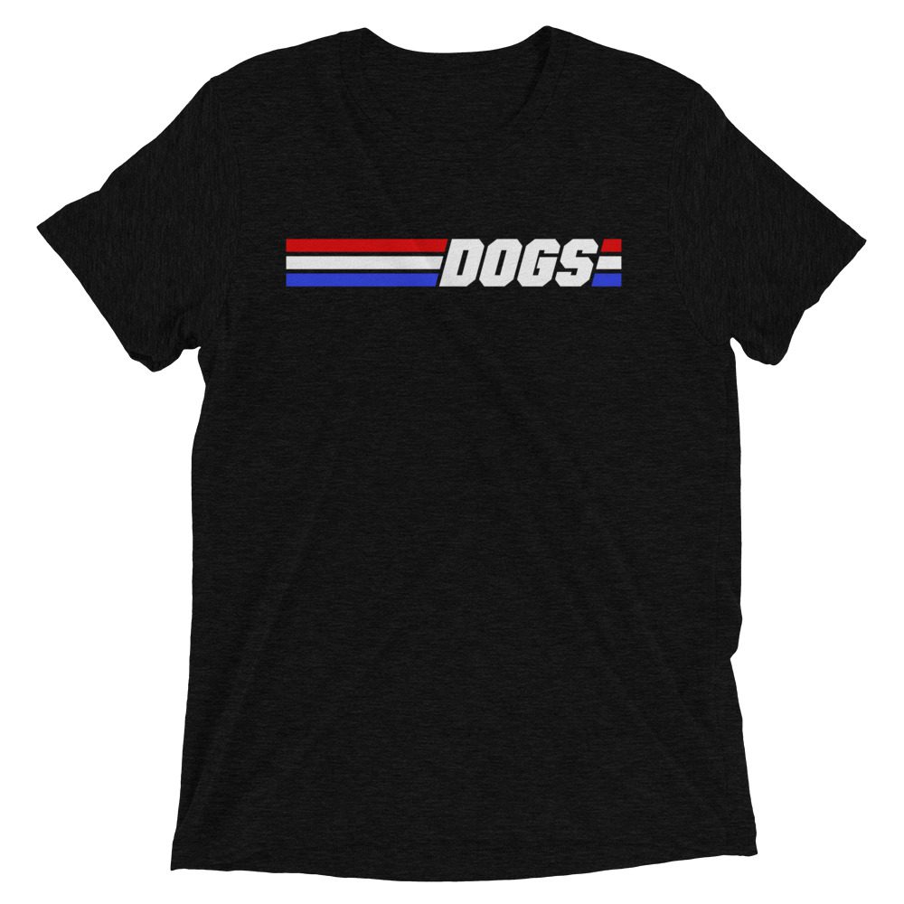 A black t-shirt with a red and blue logo