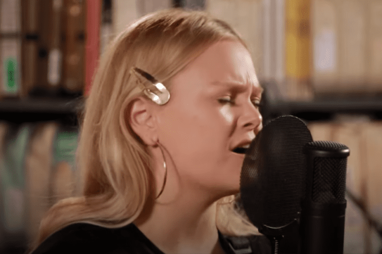 A woman with a microphone