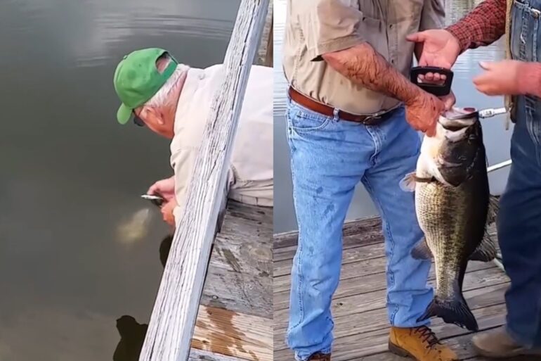 Man catches bass by hand