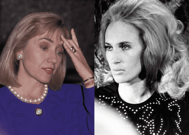 Tammy Wynette with her hand on her face and a woman with a blue dress