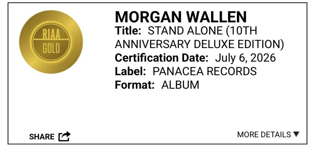 Morgan Wallen 'Stand Alone' Gold