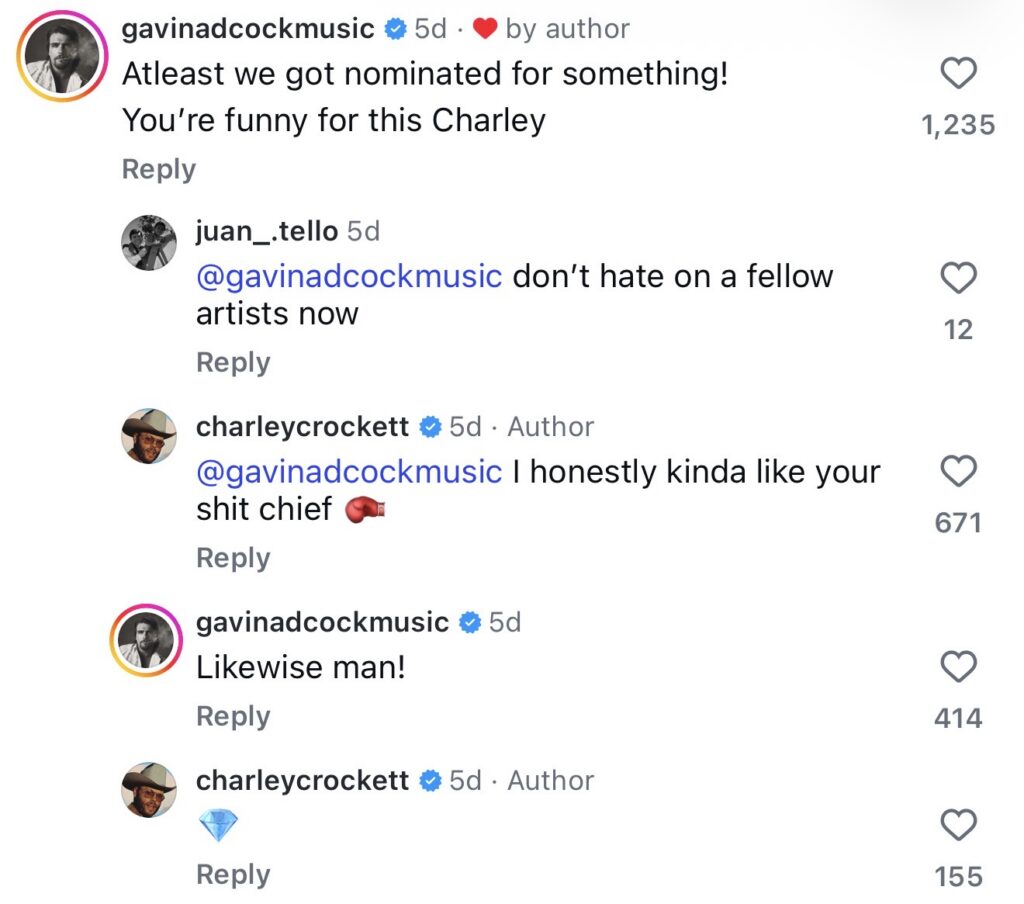 Gavin Adcock Charley Crockett IG Comments
