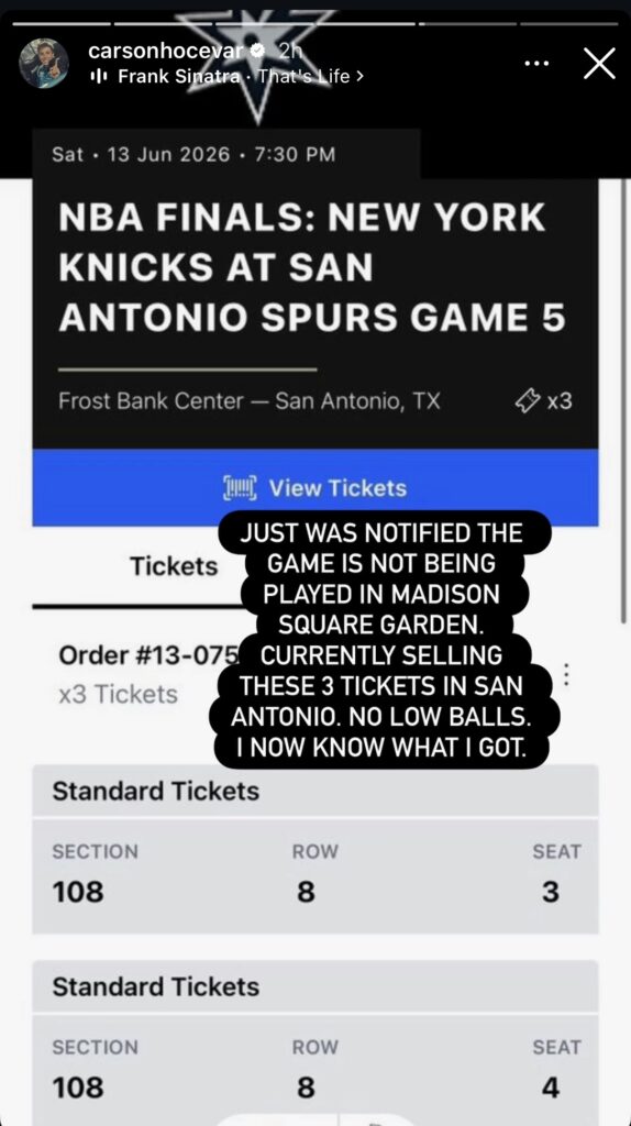 Carson Hocevar IG story NBA finals tickets