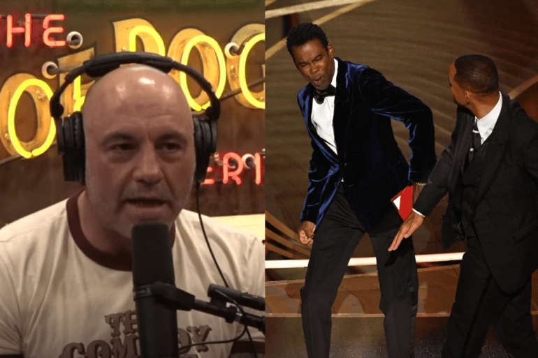 Joe Rogan standing in front of a microphone and a man in a suit