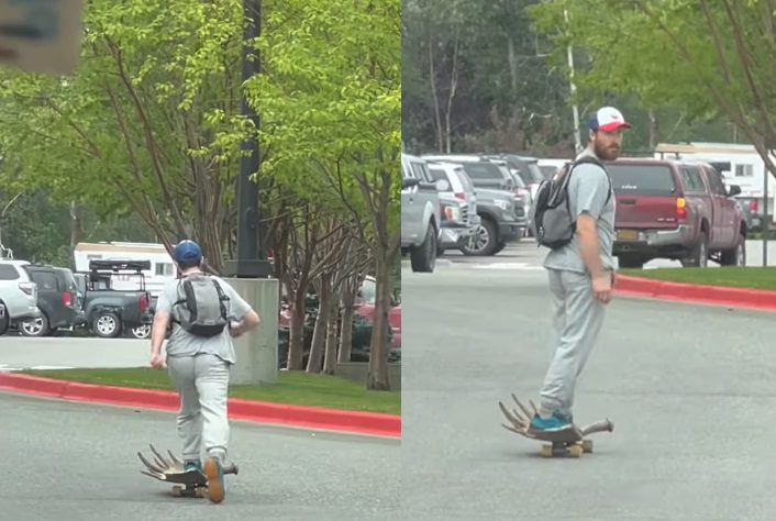 A couple of people ride skateboards