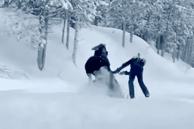Moose charges snowmobile