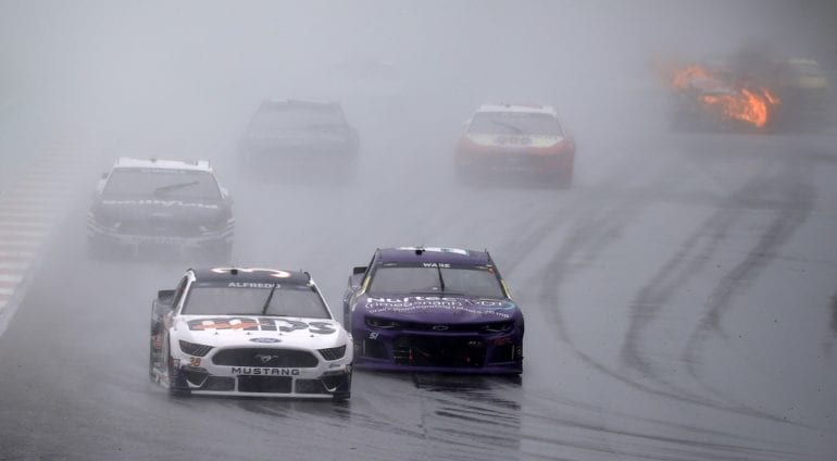 Race cars on a track