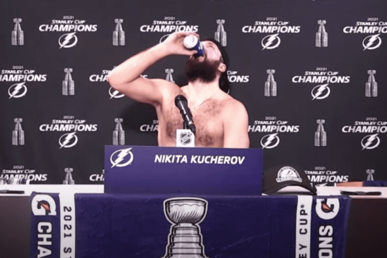 Nikita Kucherov giving a press conference