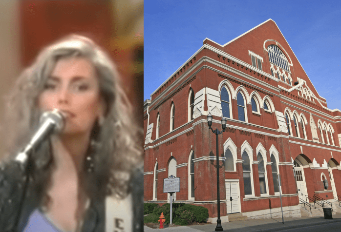 A woman singing into a microphone in front of Ryman Auditorium