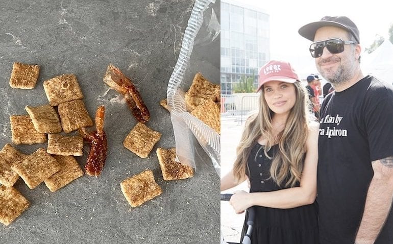Danielle Fishel et al. standing next to a tray of food
