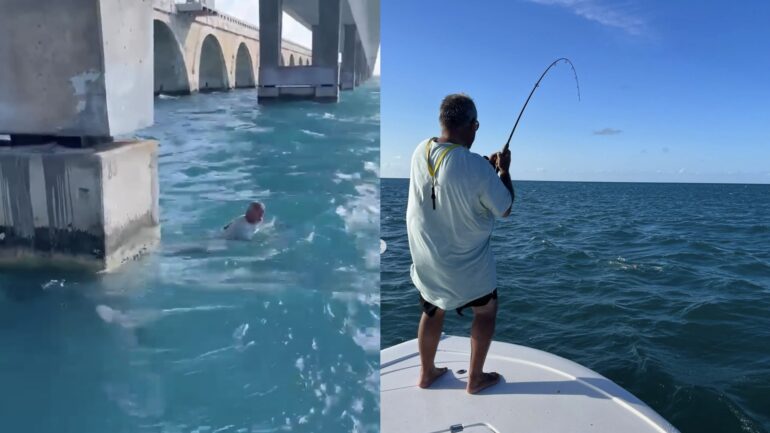 Tarpon fisherman dives in