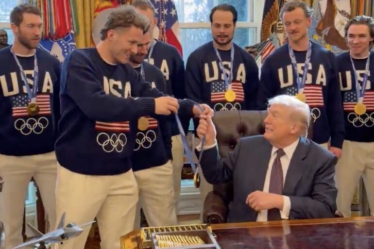 President Trump Matthew Tkachuk gold medal