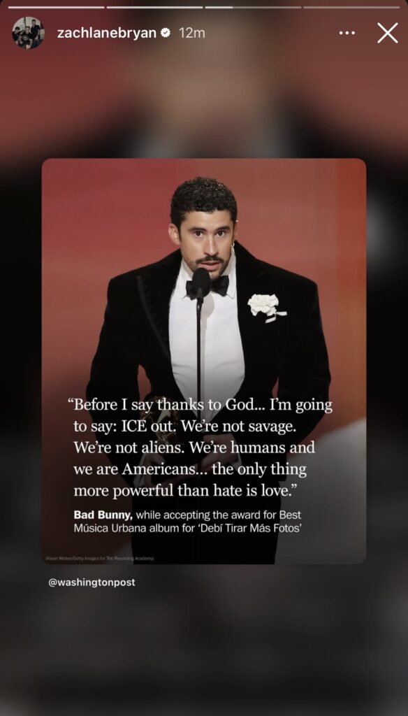 Zach Bryan Instagram story Bad Bunny Grammy quote