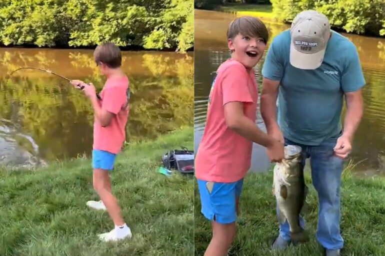 Kid catches monster bass