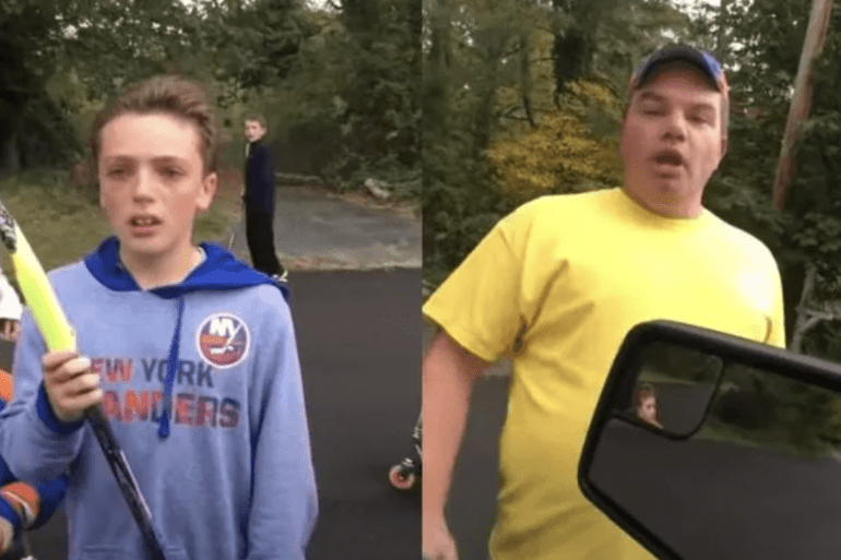 dad and son confront deer hunter