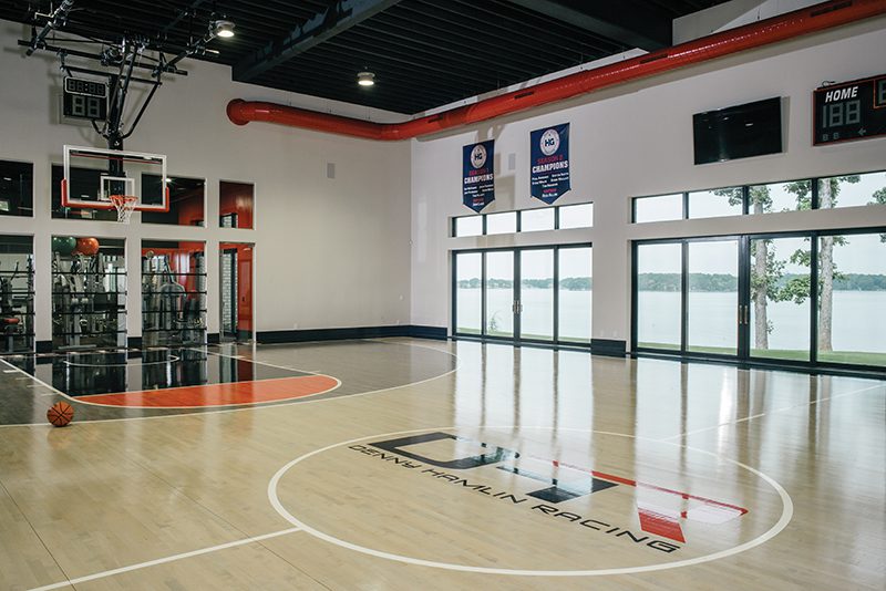 A basketball court in a building