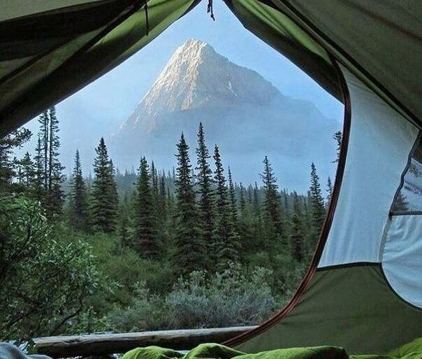 A tent with trees and mountains in the background