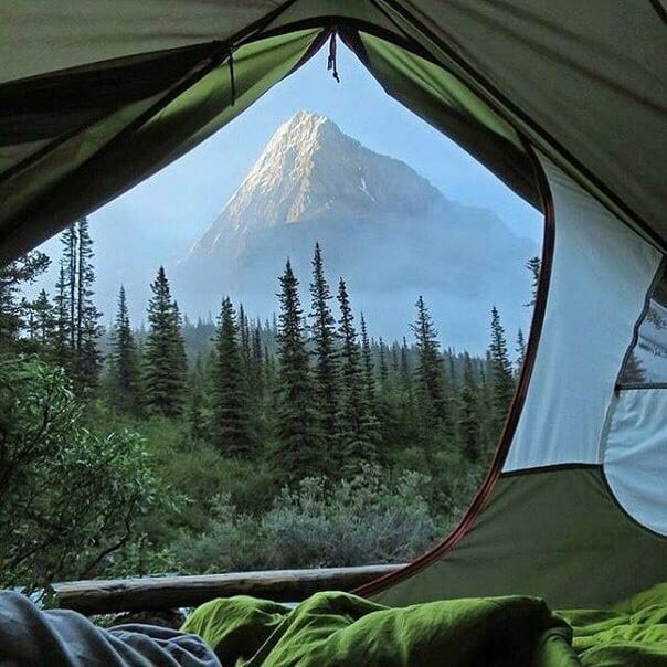 A tent with trees and mountains in the background
